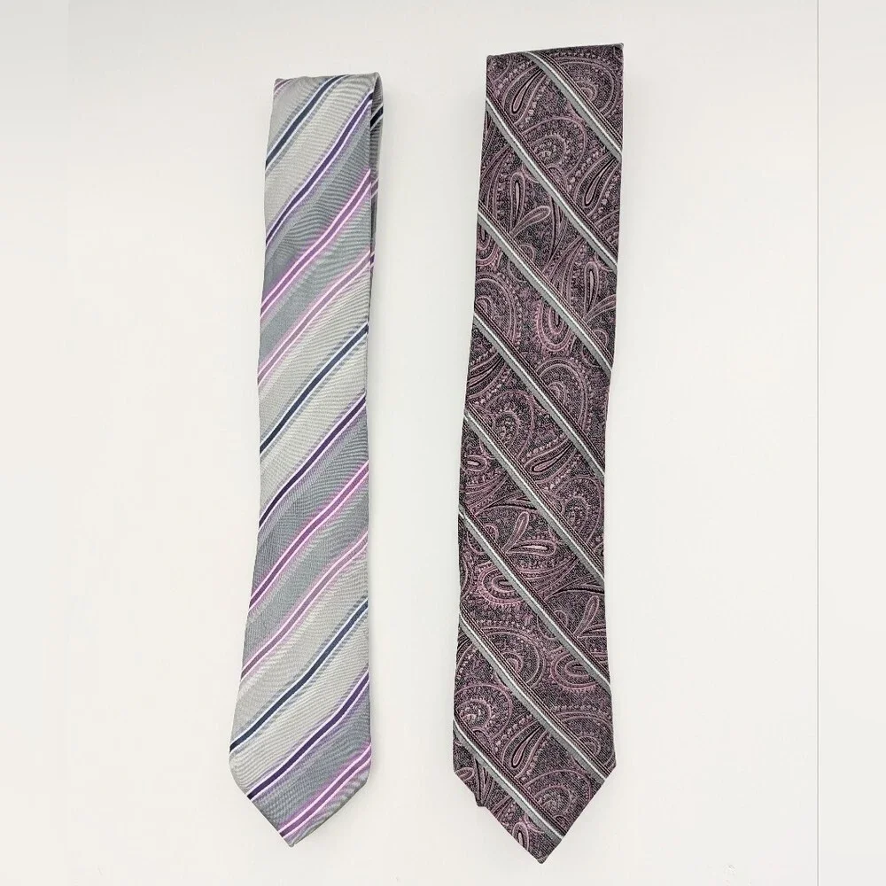2 Men's Ties Set - Purple, Pink, Gray, Silver Color Pallet w/ Paisley & Stripes